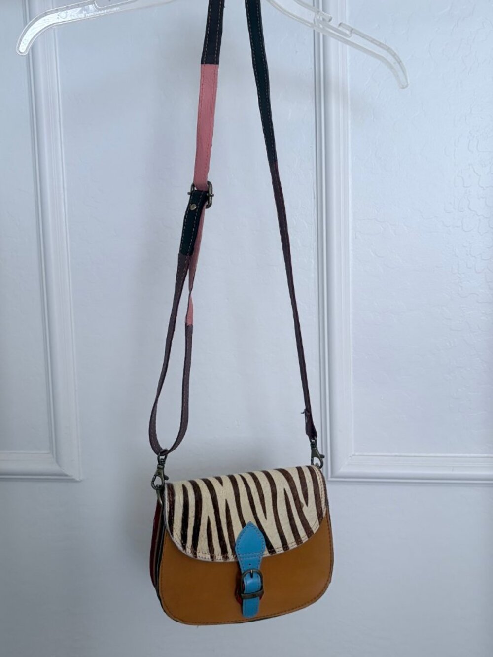Handmade Leather Zebra Calf-Hair Crossbody Bag handbag - Blue Buckle